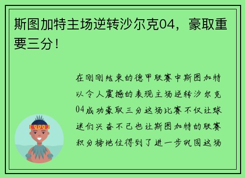 斯图加特主场逆转沙尔克04，豪取重要三分！